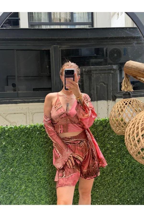 İthal Etnik Desen Üçlü Kimono Takım (36-46 BEDEN UYUMLU STANDART BEDENDİR) - Pembe