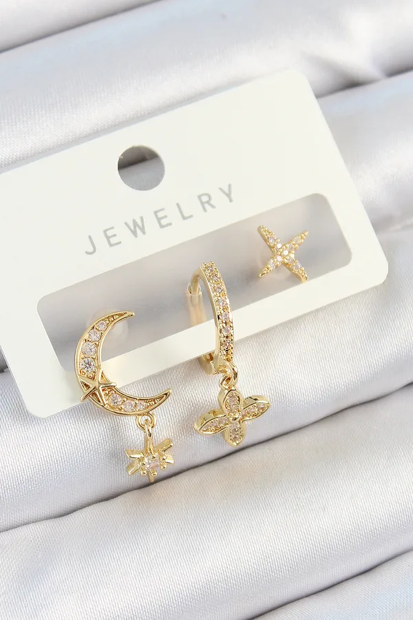 Pirinç Zirkon Taşlı Çiçek Ve Ay Model Gold Renk 3'lü Çift Kadın Küpe Set
