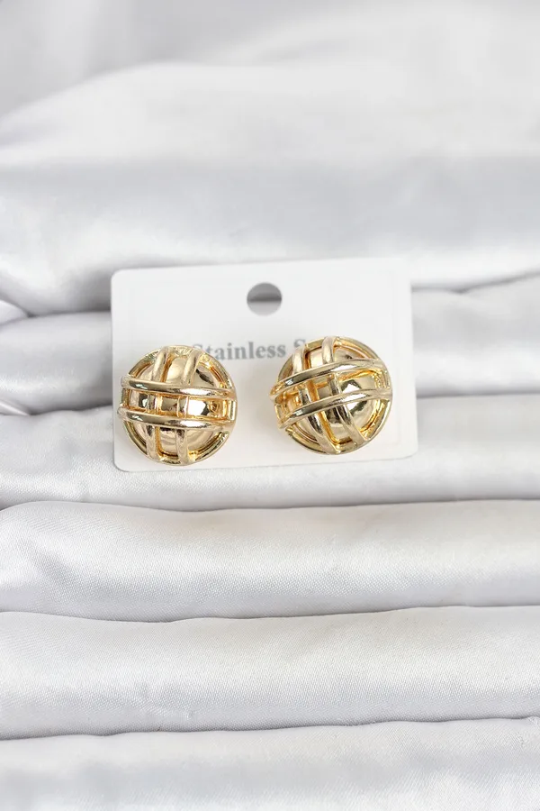 316L Çelik Gold Renk Desenli Top Model Kadın Küpe