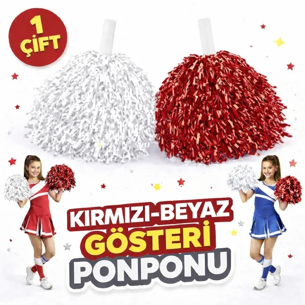 1 Çift ( 2 Adet ) Kırmızı-Beyaz Renk 23 Nisan 19 Mayıs 29 Ekim Okul Gösteri Ponponları Ekstra Doun