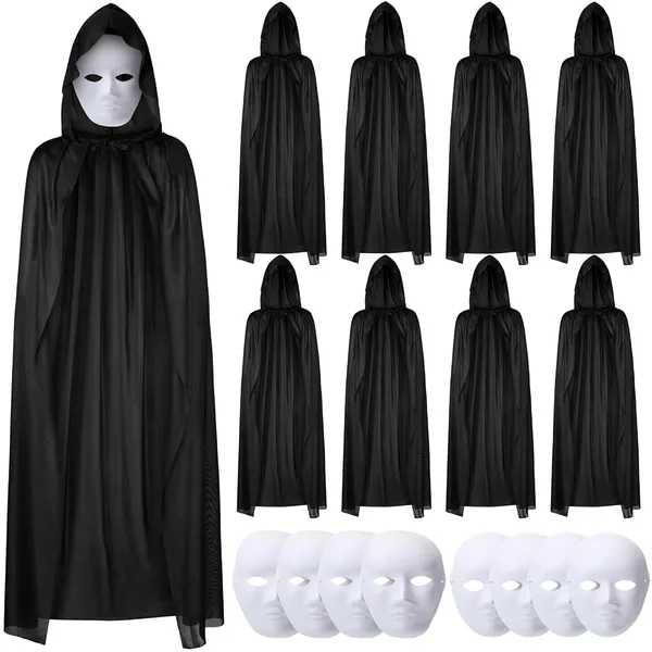 120 cm Siyah Kapüşonlu Pelerin ve Boyanabilir Karton Maske 8?li Set