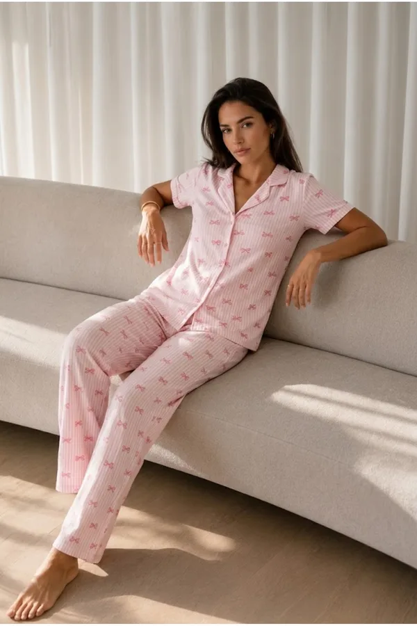 Kadın Loose Uzun Paça Pamuk Pembe Pijama Takımı