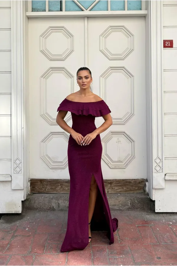 Krep Straplez Abiye Kumaş Yırtmaçlı Elbise