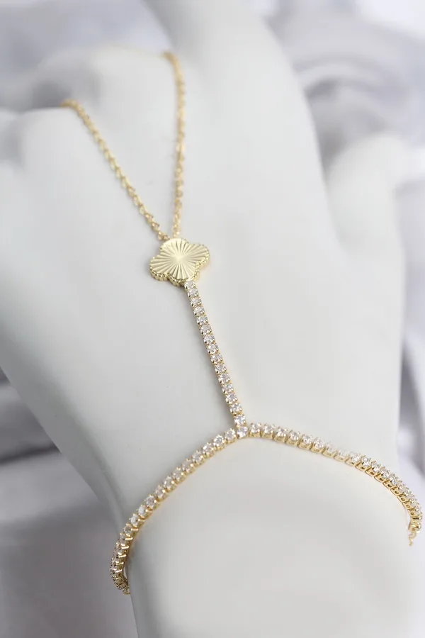 Gold Renk Pirinç Lazerli Yonca Model Zirkon Taşlı Şahmeran
