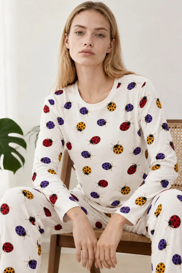 Kadın Desenli İkili Beyaz Rahat Pijama Takımı 4829