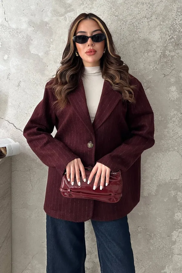 Bordo Çizgili Yün Ceket