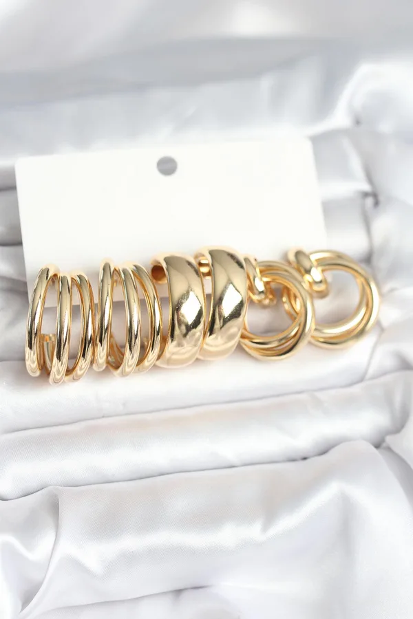Pirinç Gold Renk 3 Çift Vintage Kadın Küpe Seti