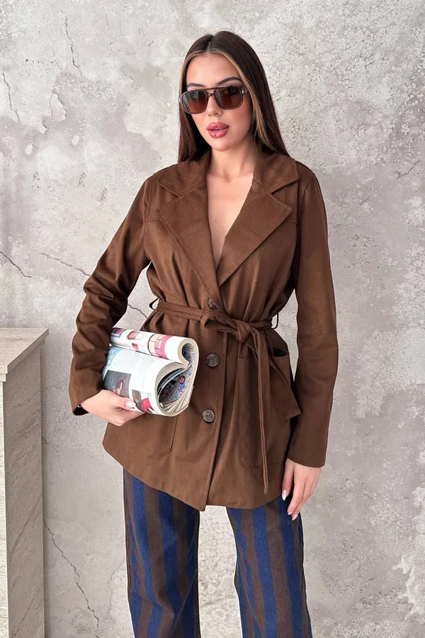 Camel Süet Bağlamalı Ceket