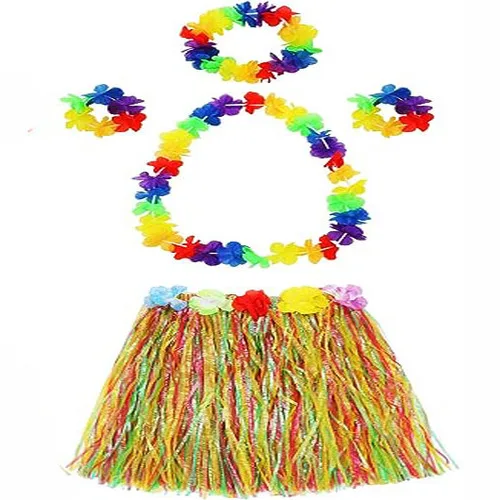 Yetişkin ve Çuk Uyumlu Luau ha Hawaii  Kolye Renkli Etek Taç ve Bileklik Seti