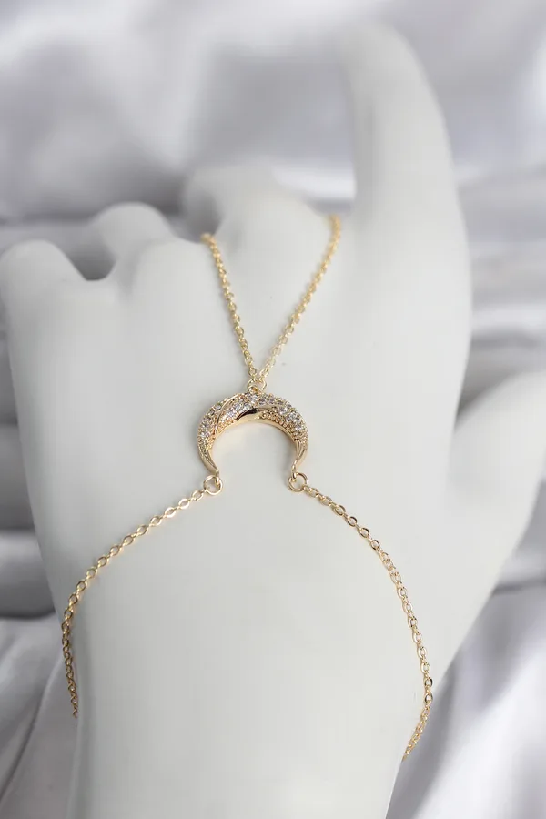 Pirinç Gold Renk Hilal Model Zirkon Taşlı Kadın Şahmeran