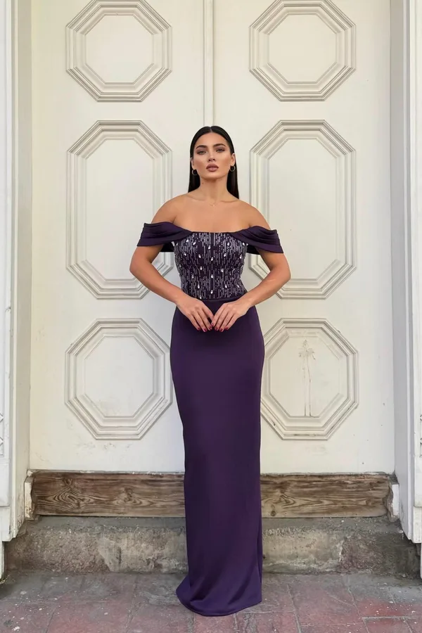 Dik Kollu Payetli Abiye Maxi Uzun Yaka Elbise