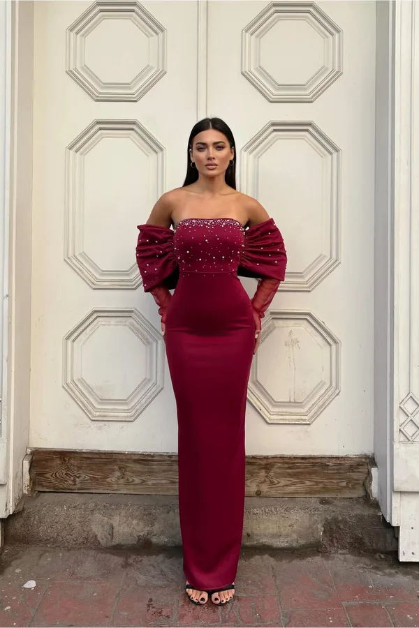 Esnek Straplez Abiye Kumaş Tül Elbise