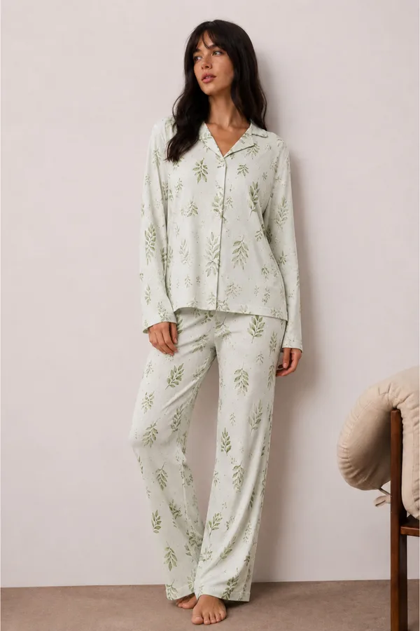 Kadın Düğmeli Kışlık Ev Çağla Yeşili Pijama Takımı