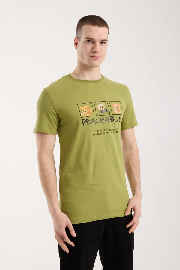 Erkek Günlük Stil Baskılı T-Shirt - Yeşil