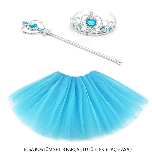Mi Prenses Elsa Kostüm Seti 3 Parça (Tütü Etek + Taç + Asa )