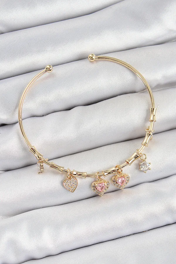 Pirinç Zirkon Taşlı Pembe Kalp Model Gold Renk Charm Bileklik