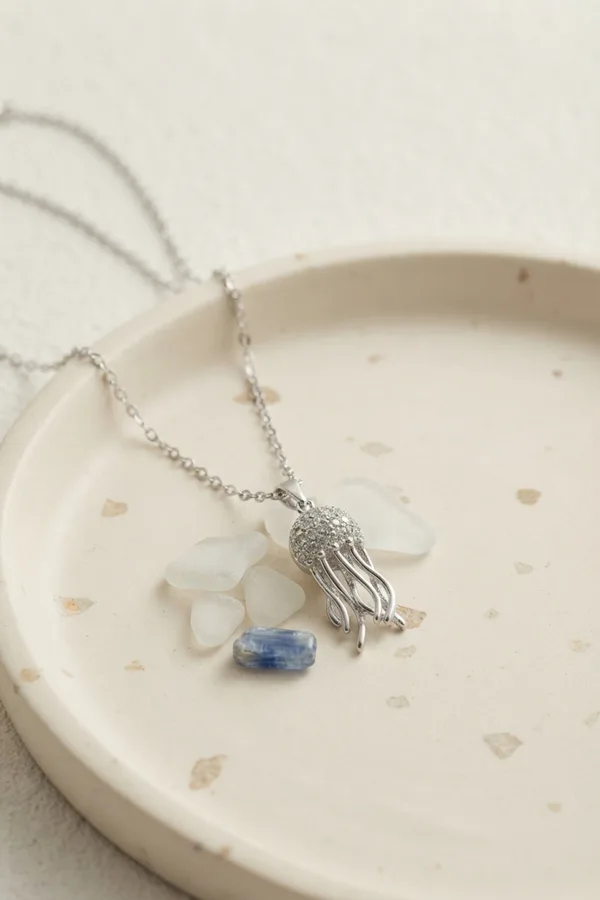 316L Çelik Zincir Gümüş Renk Zirkon Taşlı Jellyfish Model Kolye