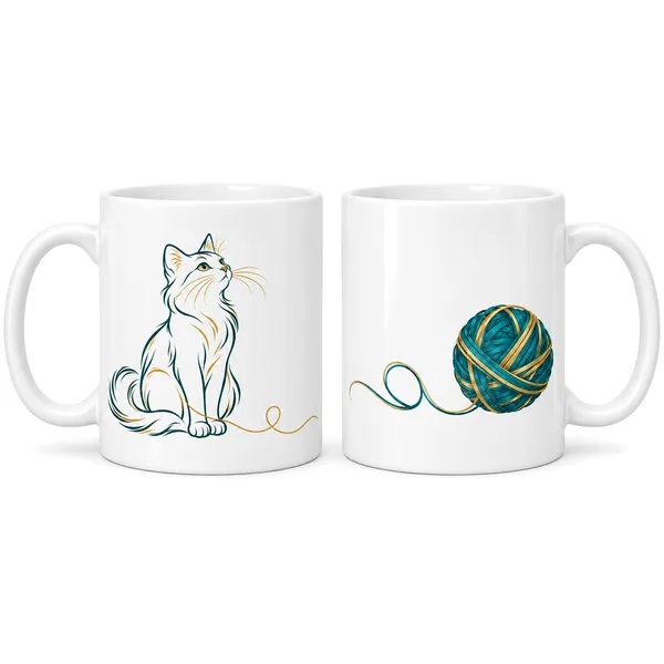 Kedi ve Yumak 2'li Porselen Kupa Seti - MODEL 366