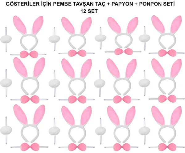 Pembe Tavşan Kostüm Seti – Taç, Papyon, Ponpon (12’li Paket)