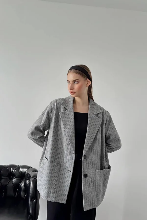 Gri Çizgili Oversize Ceket