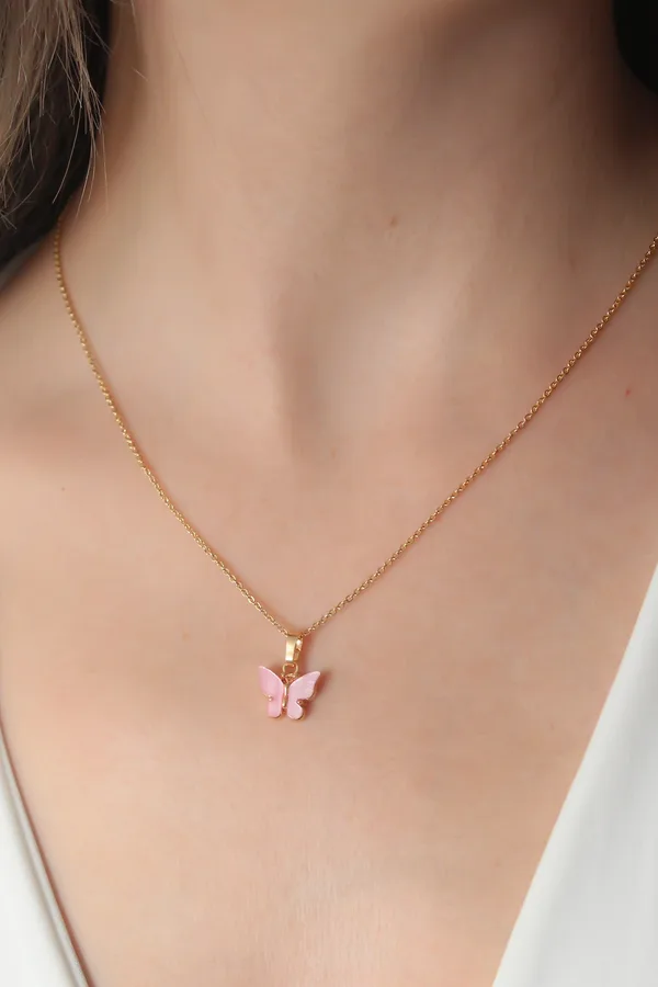 Gold Pembe Renk Kelebek Figür Kadın Kolye