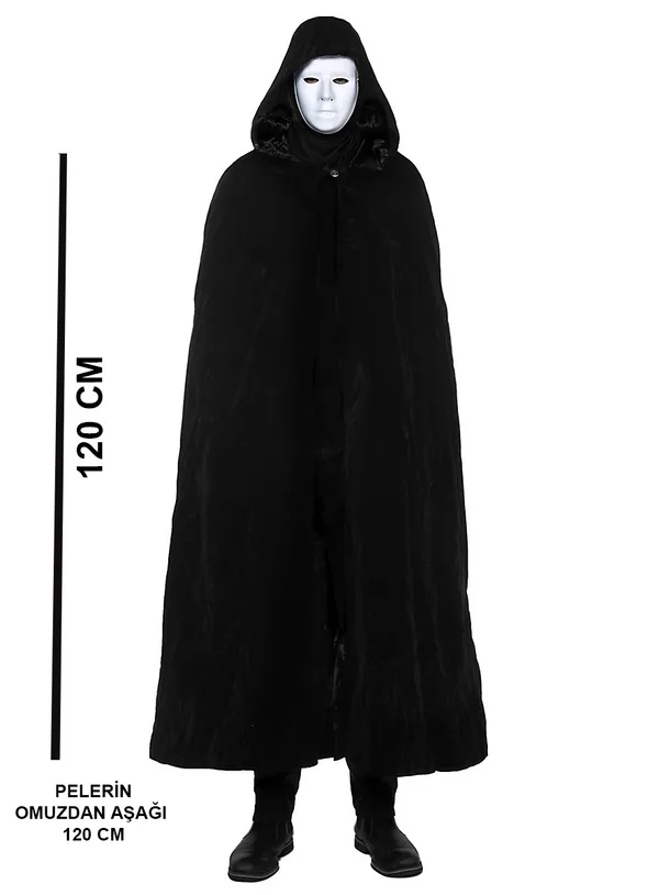 Siyah Kapüşonlu 120 cm Pelerin ve Beyaz Boyanabilir Tam Yüz Maske