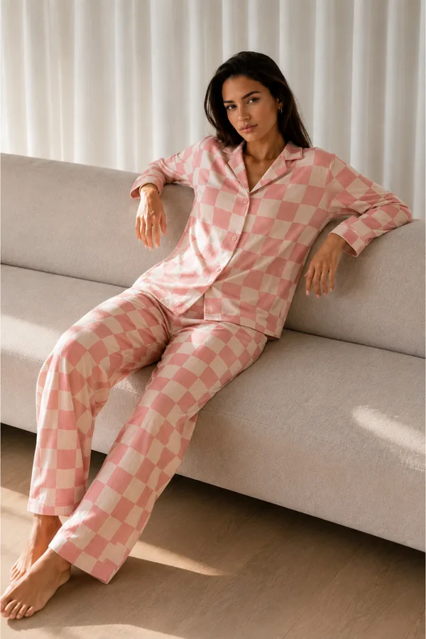 Kadın Desenli Basic Kış Pembe Pijama Takımı