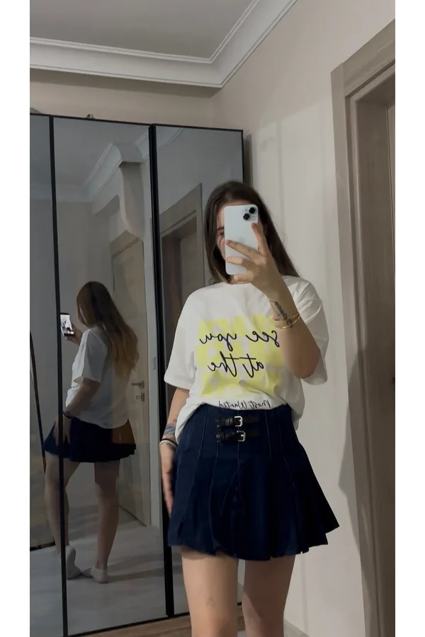 Çift Kemerli Denim Pileli Etek - Lacivert