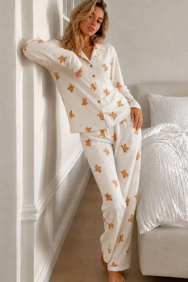 Kadın Gömlek Yaka Düğmeli Beyaz Pijama Takımı