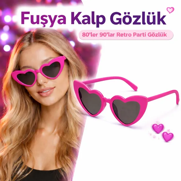 Fuşya  Retro Kalp Gözlük ? 80?ler 90?lar Stil Parti Gözlüğü