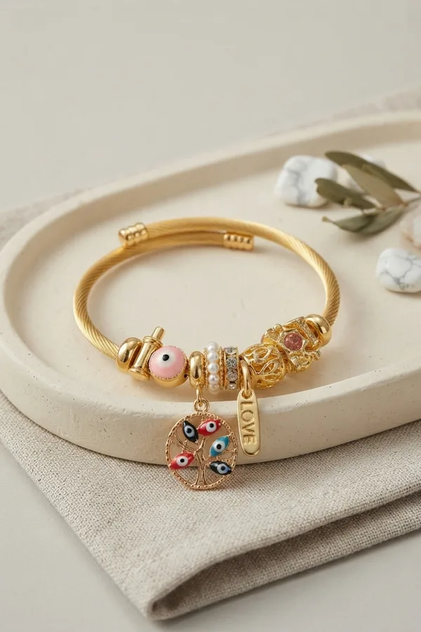 Pembe Nazar Detaylı Ağaç Charmlı Bileklik