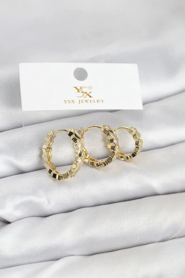 Pirinç Gold Renk Zirkon Taşlı Petek Halka Model YSX Trio Küpe Seti