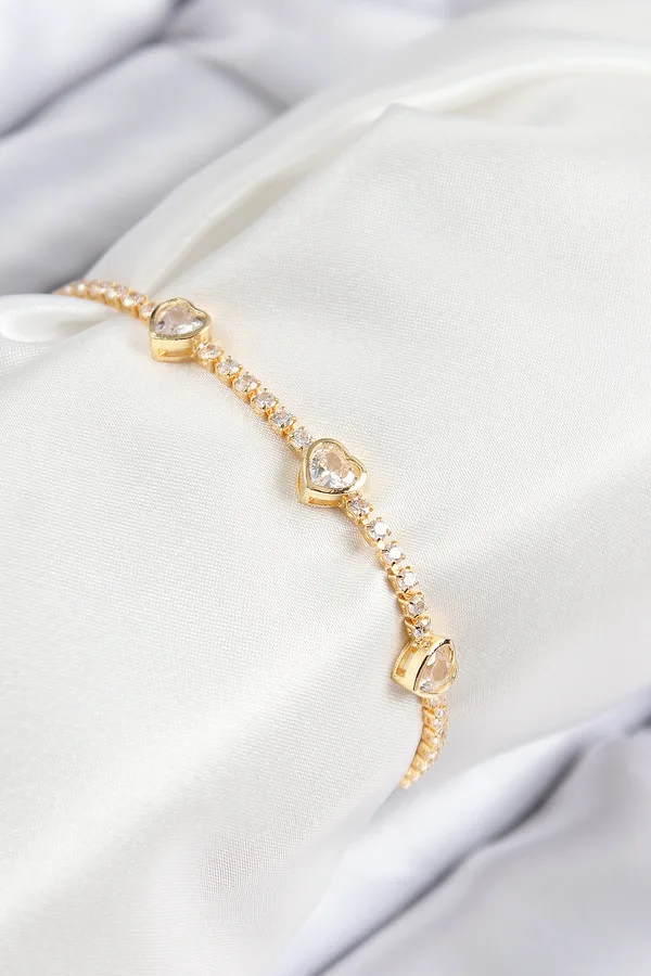 Pirinç Zirkon Taşlı Sıralı Kalp Model Gold Renk Kadın Bileklik