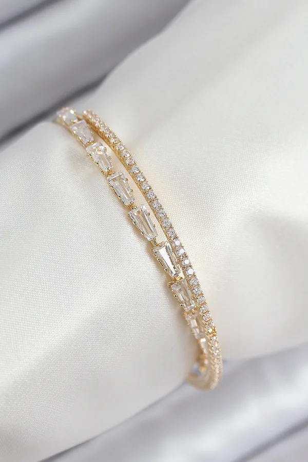 Pirinç Zirkon Taşlı Su Yolu Model Gold Renk Kadın Bileklik