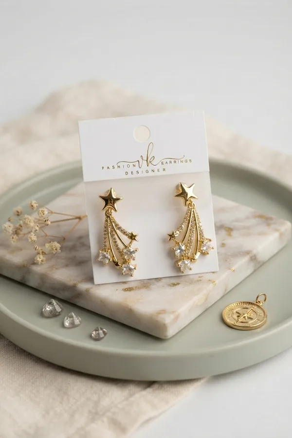 Gold Renk Zirkon Taşlı Halley Model Pirinç Kadın Küpe