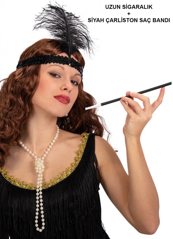 1920'ler Gatsby Aksesuar Seti – Siyah Charleston  Bandı & Sigaralık