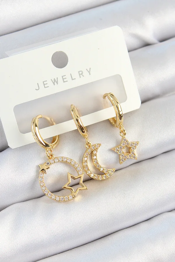 Pirinç Zirkon Taşlı Yıldız Ve Ay Model Gold Renk 3'lü Kadın Küpe Set
