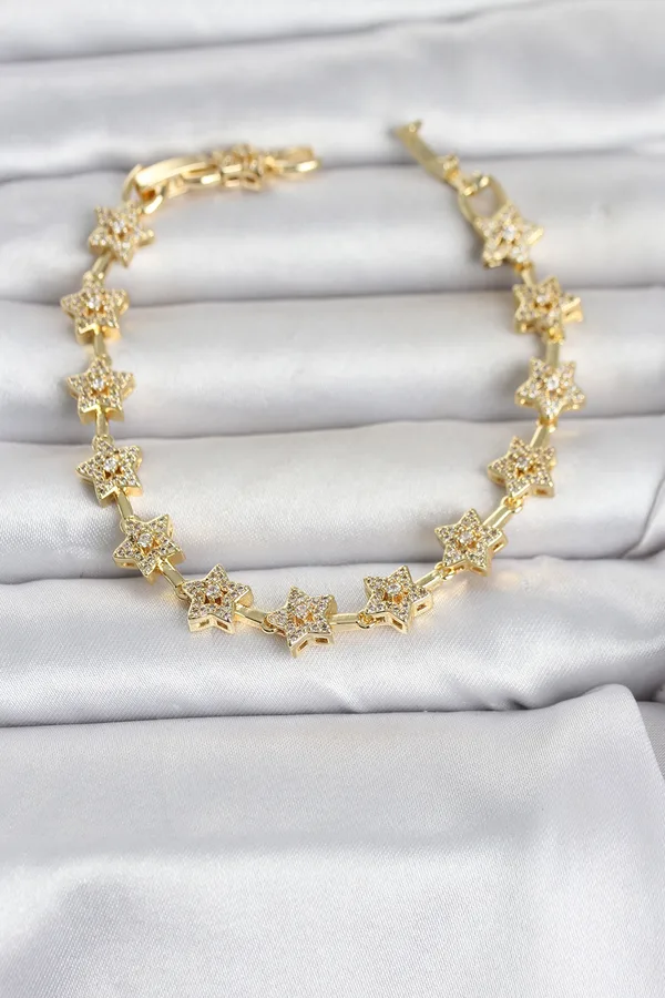 Pirinç Gold Renk Zirkon Taşlı Sıralı Yıldız Model Kadın Bileklik
