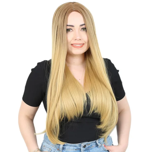 Fiber Sen Uzun Düz Peruk / Kumral / Sarı Ombreli