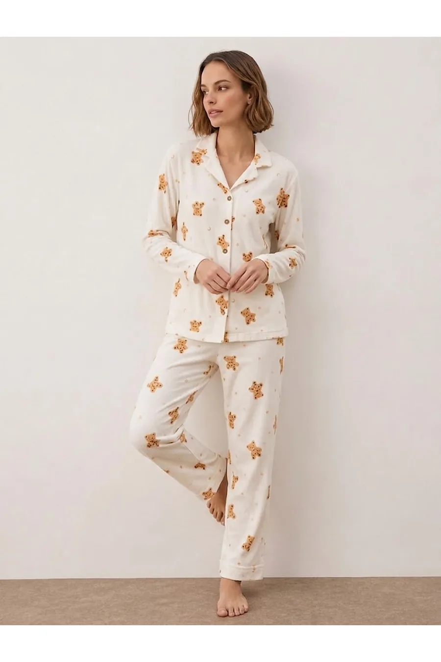 Kadın Gömlek Yakalı Uzun Kollu Beyaz Pijama Seti
