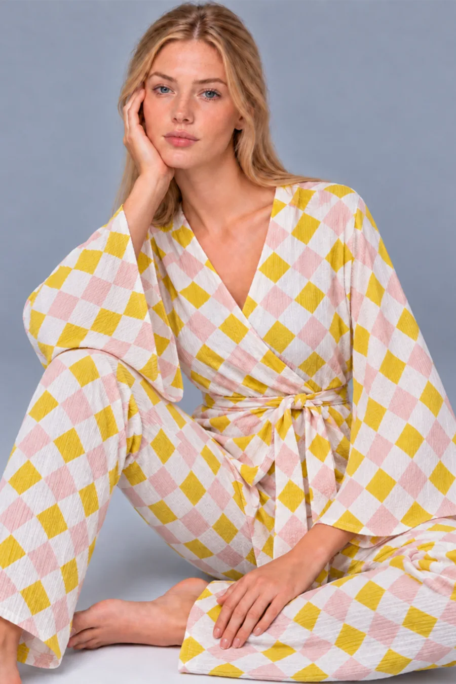 Kadın Kruvaze Kuşaklı Sarı İkili Pijama Takımı 4804