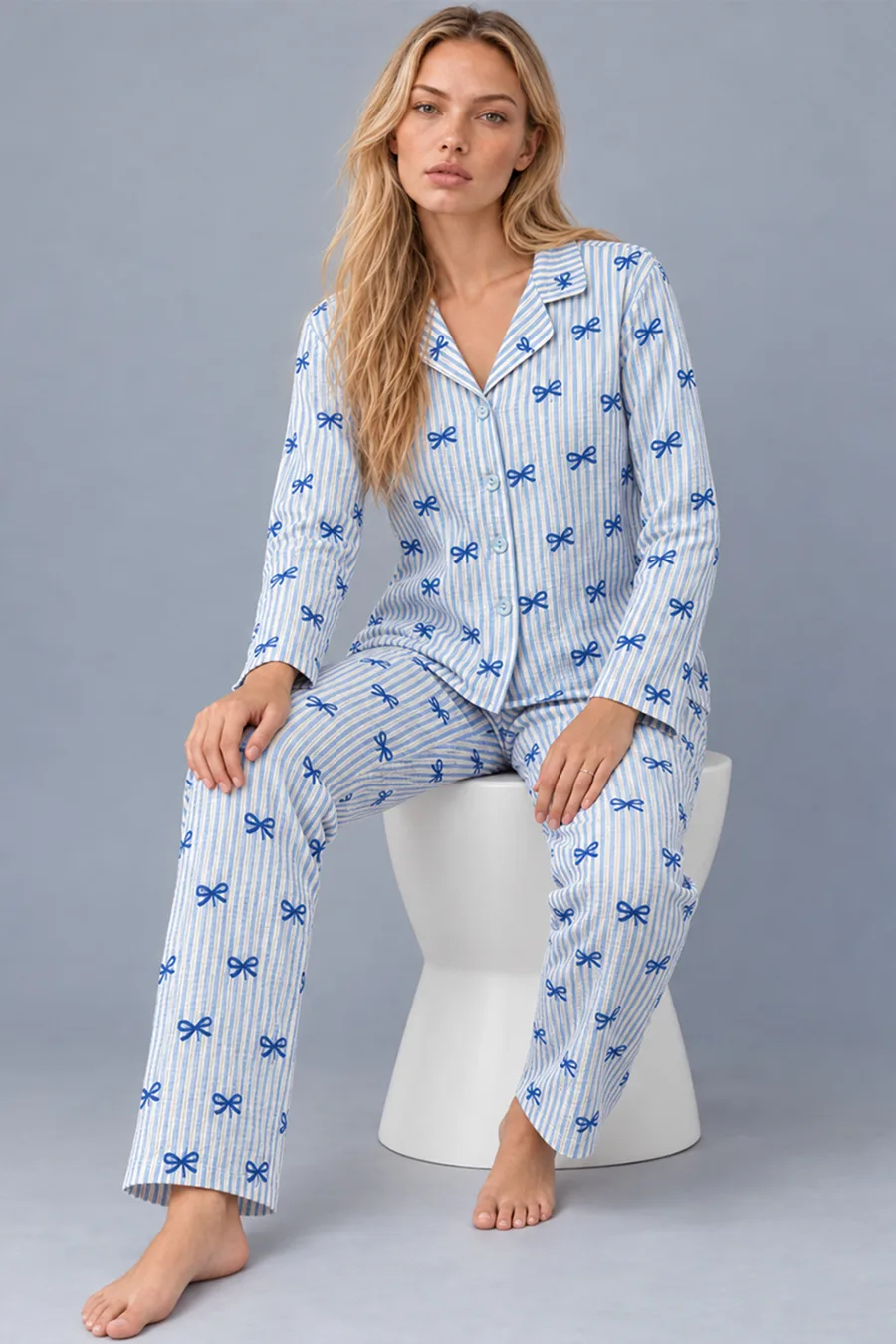 Kadın Gömlek Yaka Desenli Mavi Pijama Takımı 4816