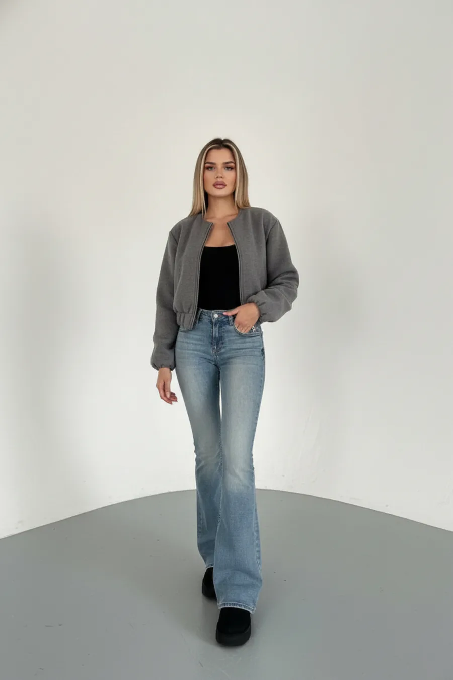 Kadın Ceket Crop Basic Gri Fermuarlı Koyu Bomber