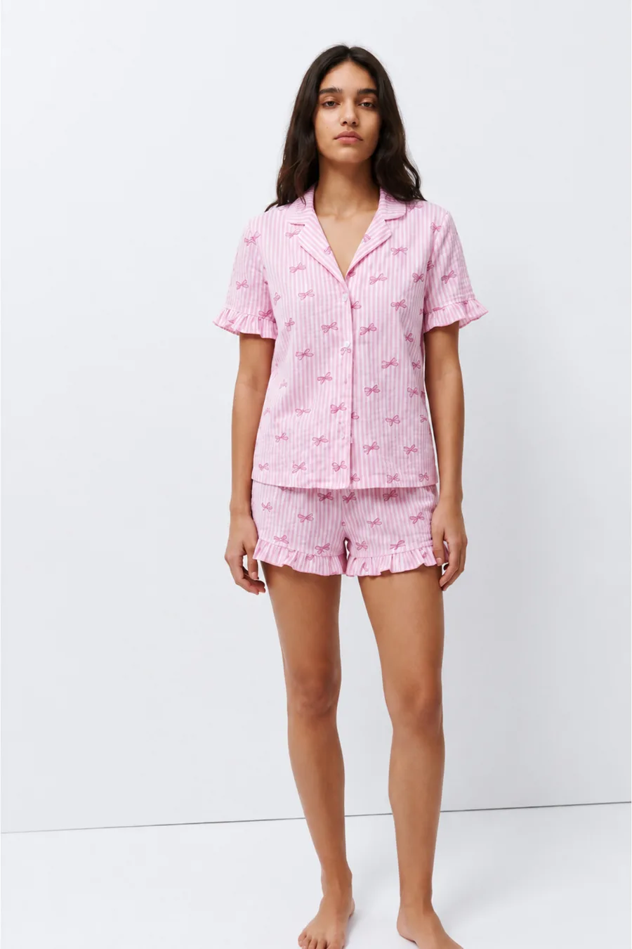 Kadın Desenli Trend Pembe Pijama Takımı