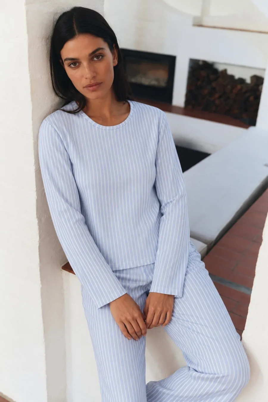 Kadın Çizgili Regular Şık Mavi Pijama Takımı