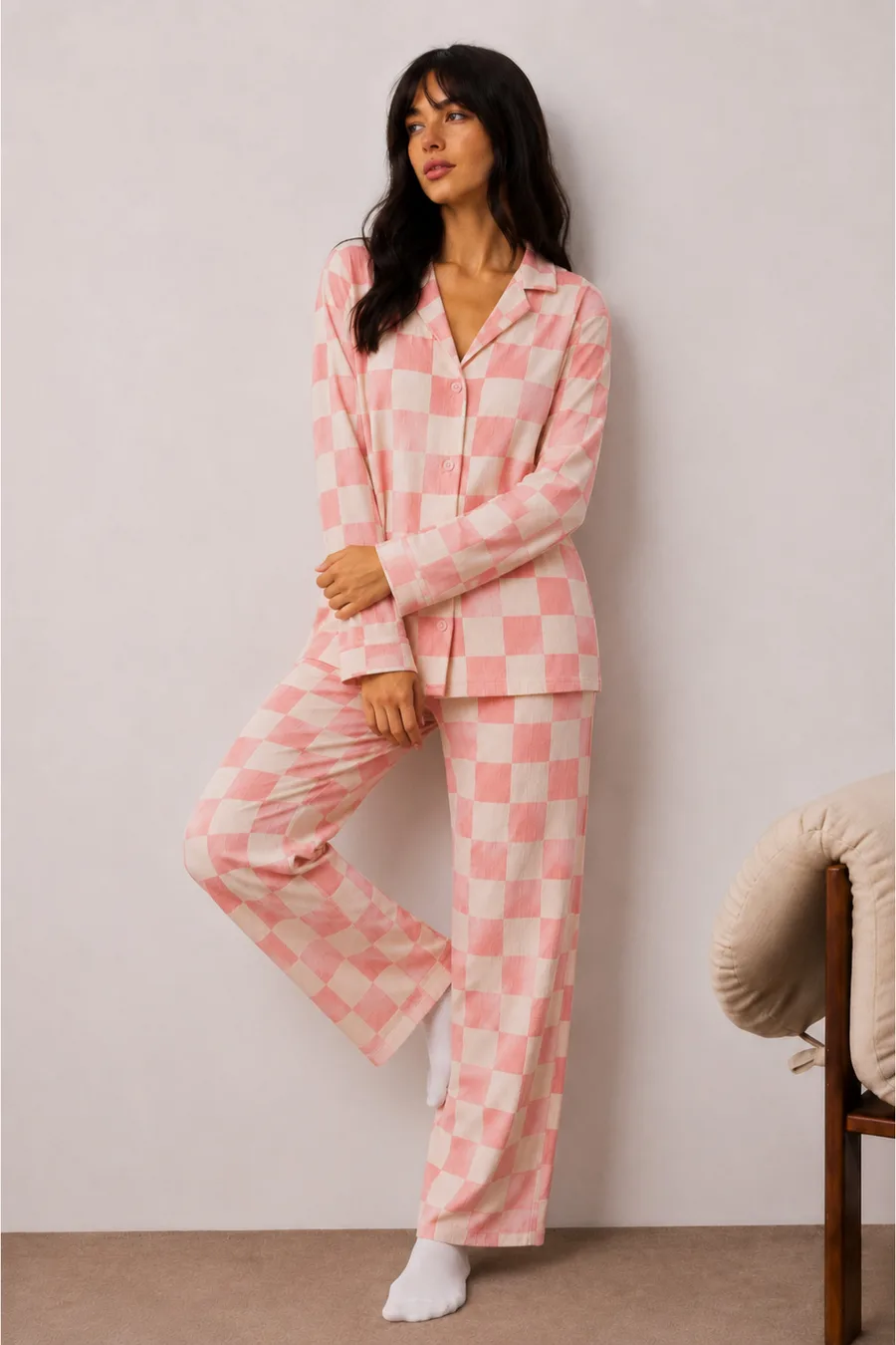Kadın Düğmeli Kışlık Ev Pembe Pijama Takımı