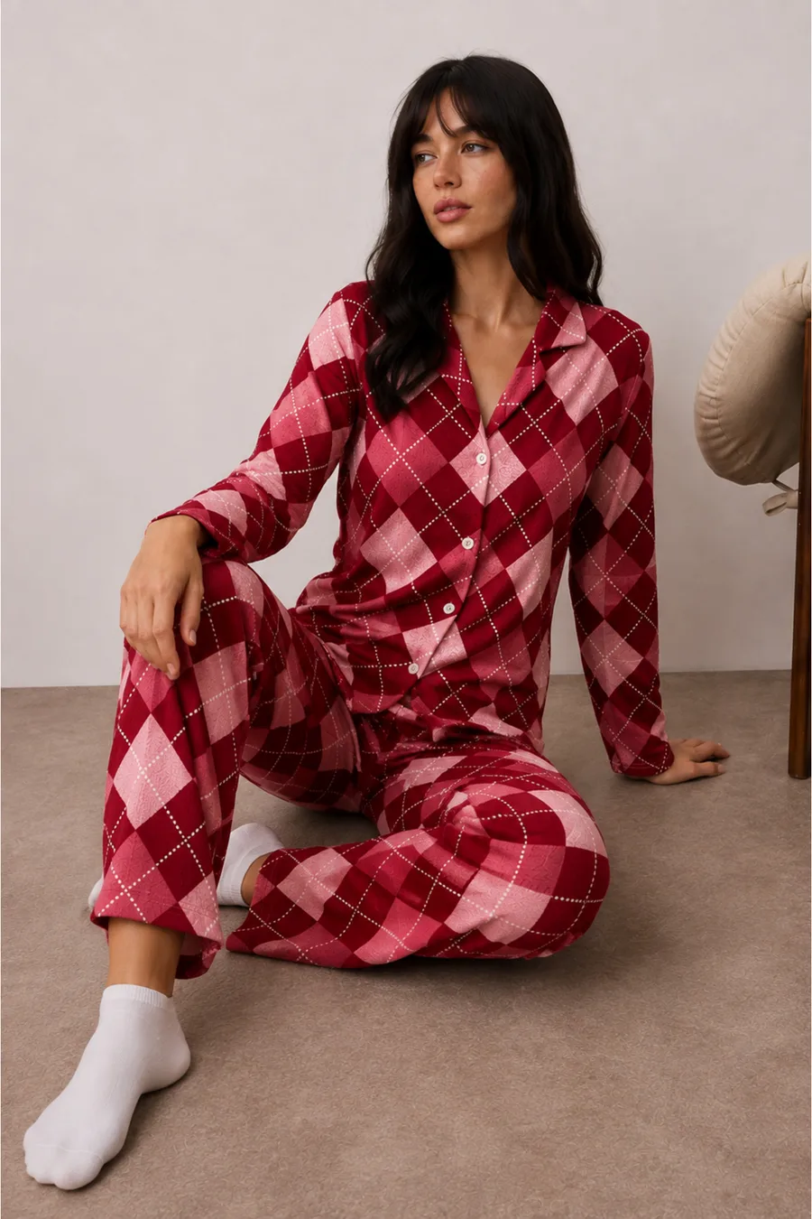 Kadın Düğmeli Kışlık Ev Kırmızı Pijama Takımı