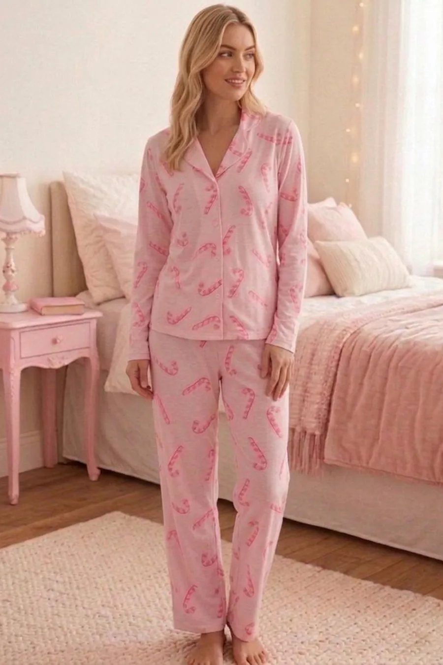 Baston Şeker Desenli Uzun Kollu Pijama Takımı 4601 -Pembe
