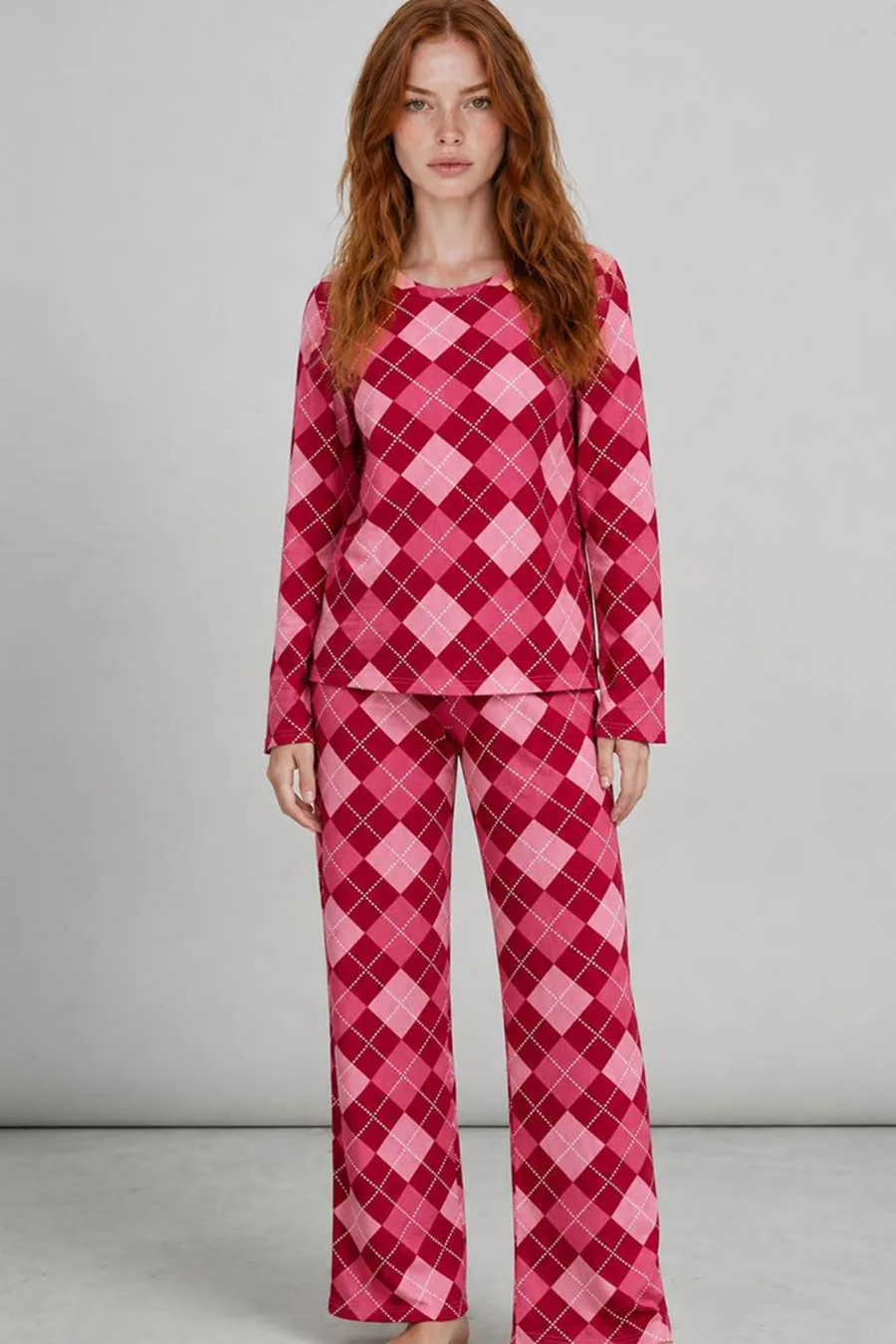 Kadın Çizgili Regular Fit Kırmızı Pijama Takımı 4766
