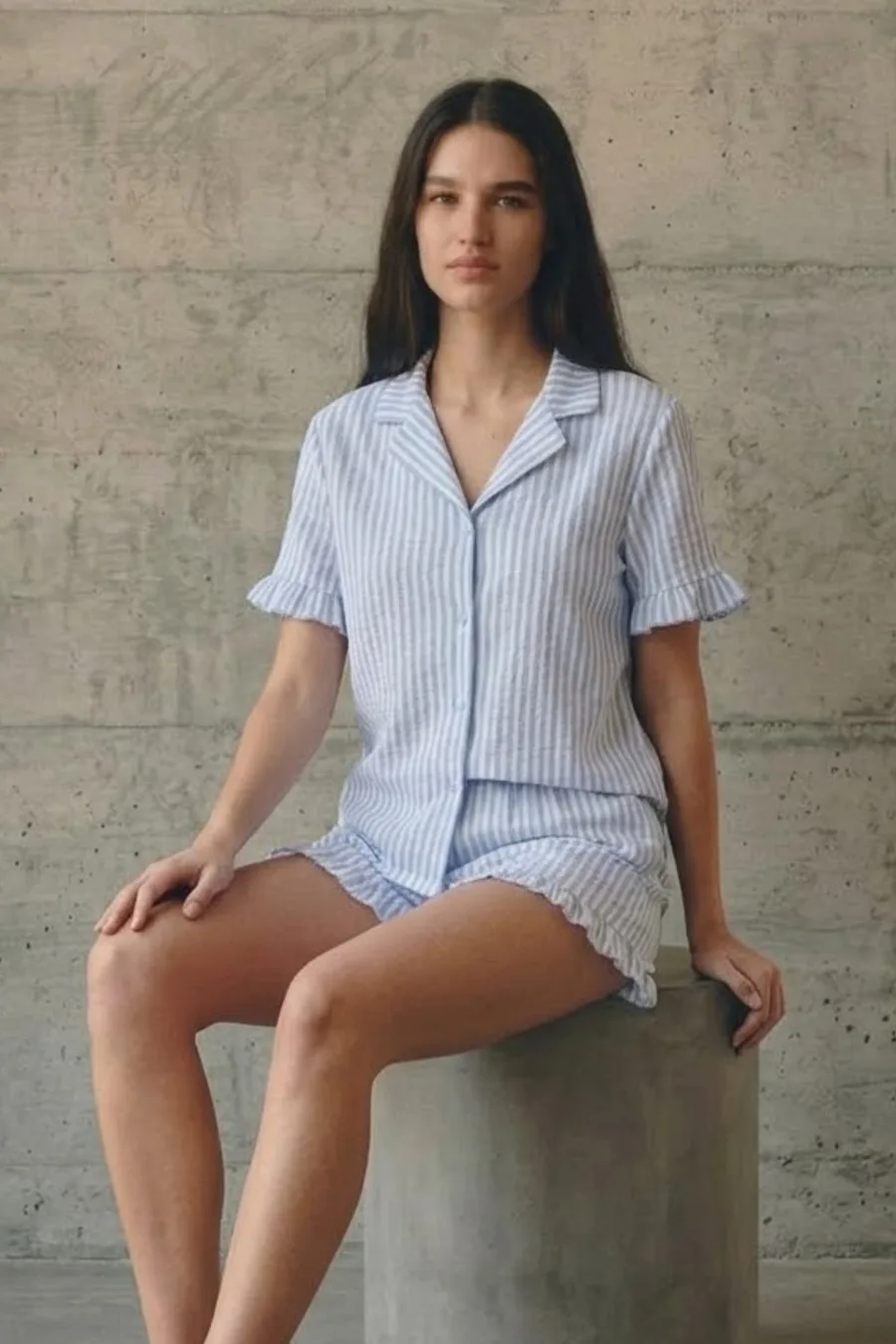 Kadın V Yaka Comfort Fit Mavi Pijama Takımı